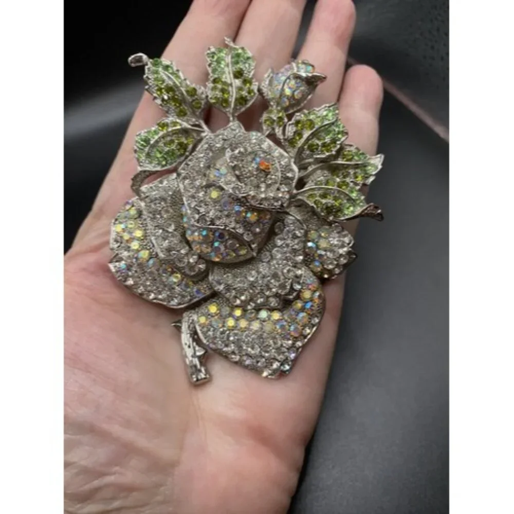 AB Clear Crystal Rose Brooch Huge 4" Silver Tone Thorns Green Leaves Rosebud - Picture 2 of 8